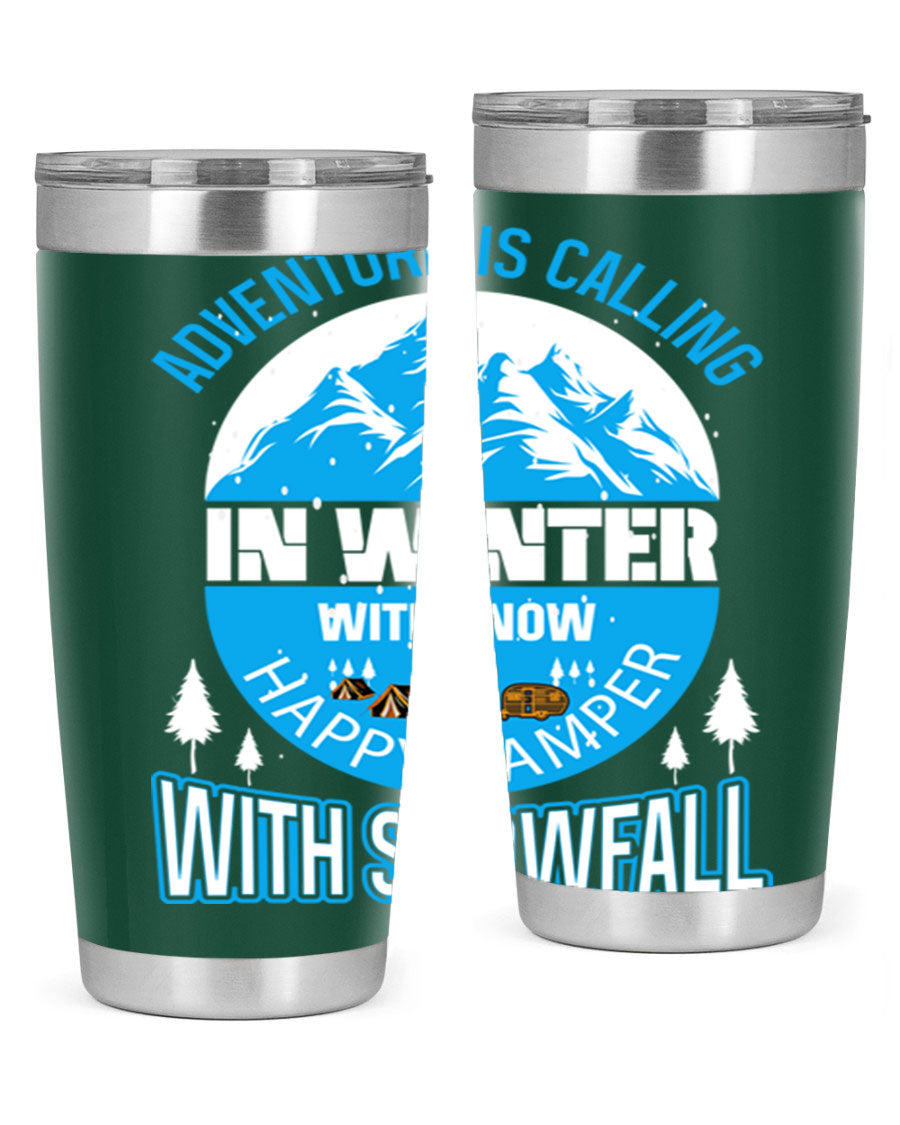 Camping Winter 39# Tumbler in stainless steel with a drink-thru lid, showcasing its sleek design and double wall insulation.